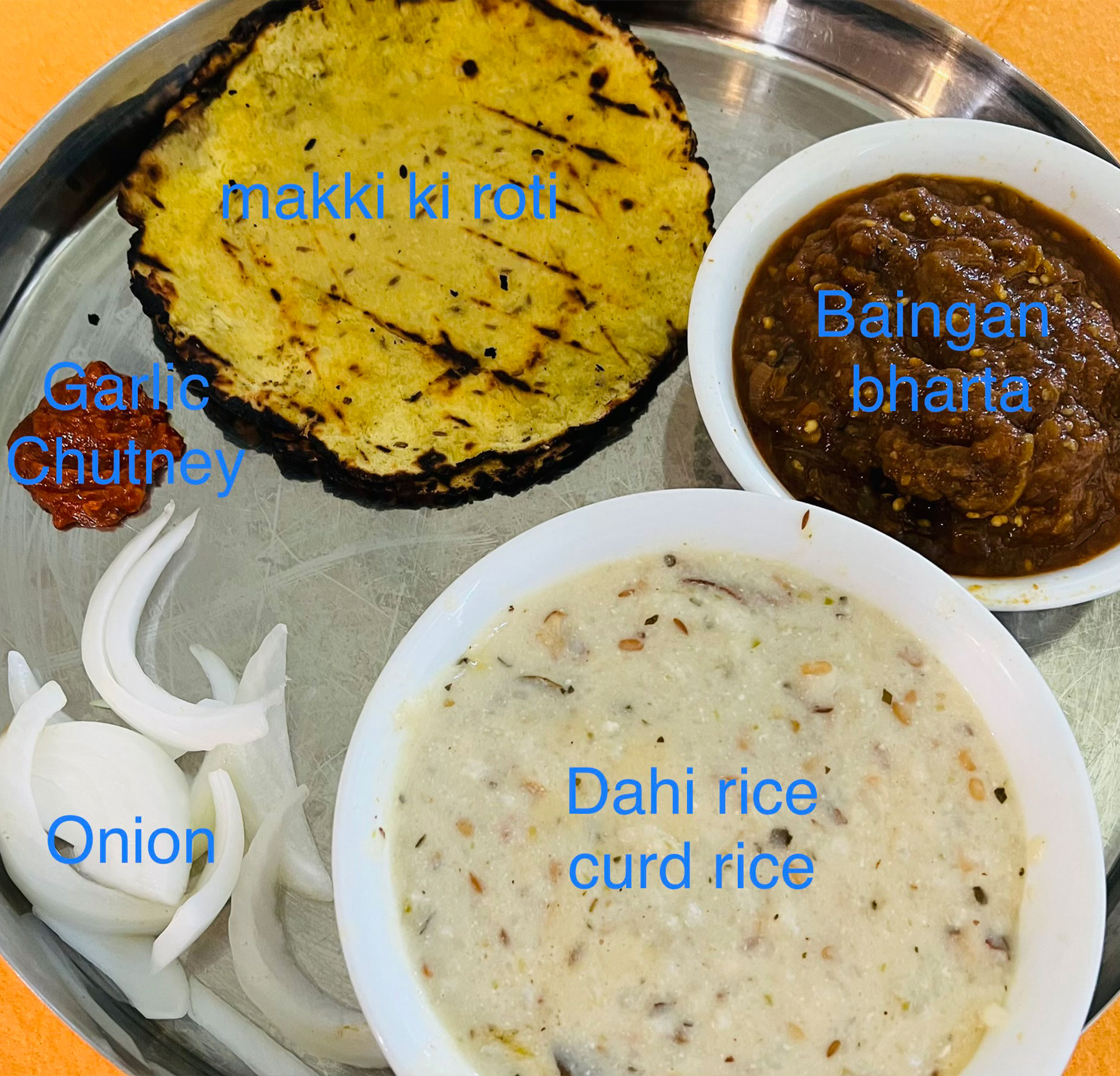 Dahi Rice - Garlic Chutney - Makki ki roti - Baingan bharta