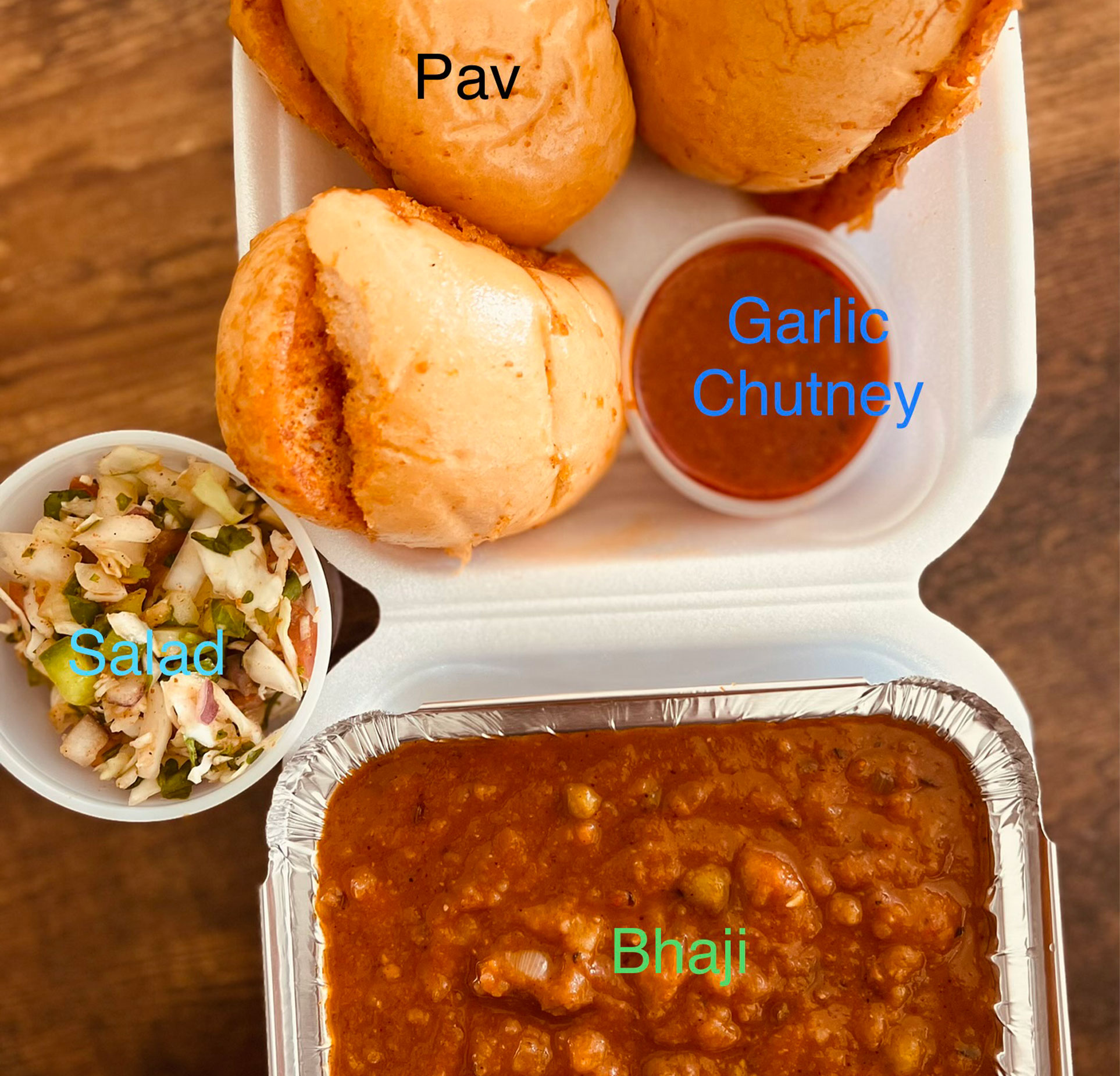 Bhaji - Garlic Chutney - Pav and salad