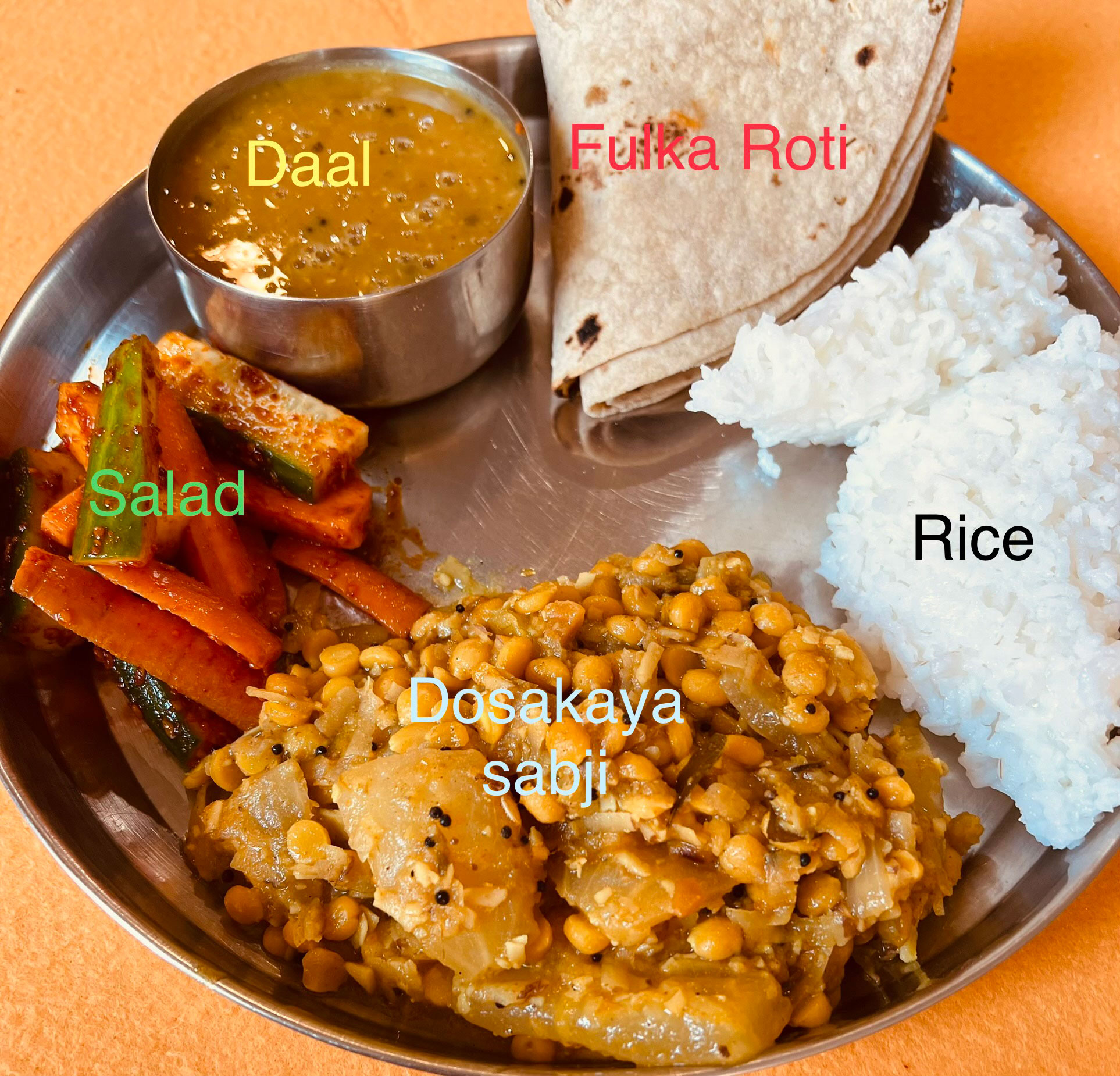 Dosakaya Sabji - rice - Daal - salad - fulka roti